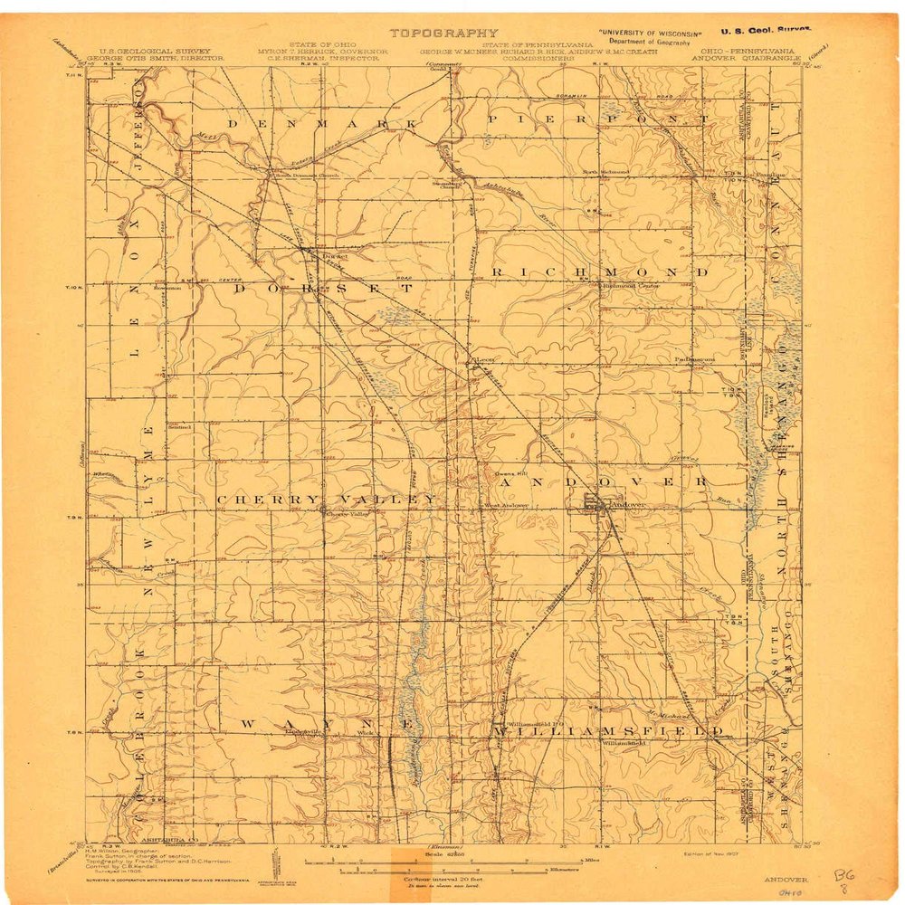 YellowMaps Andover OH topo map, 1:62500 Scale, 15 X 15 Minute, Historical, 1907, 20.3 x 16.5 in - Polypropylene