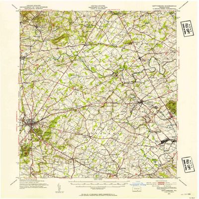 YellowMaps Gettysburg PA topo map, 1:62500 Scale, 15 X 15 Minute, Historical, 1951, Updated 1954, 20.8 x 17.1 in - Polypropylene