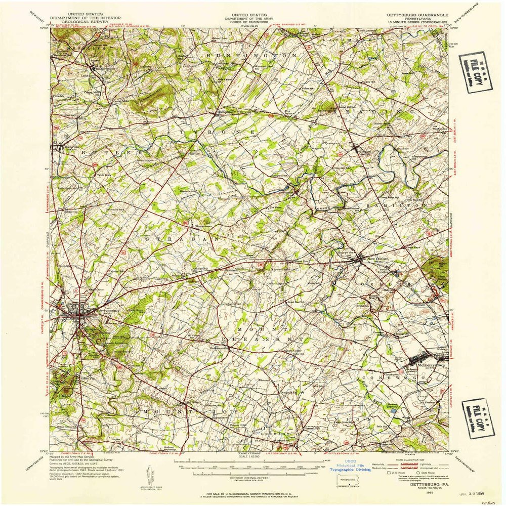 YellowMaps Gettysburg PA topo map, 1:62500 Scale, 15 X 15 Minute, Historical, 1951, Updated 1954, 20.8 x 17.1 in - Polypropylene