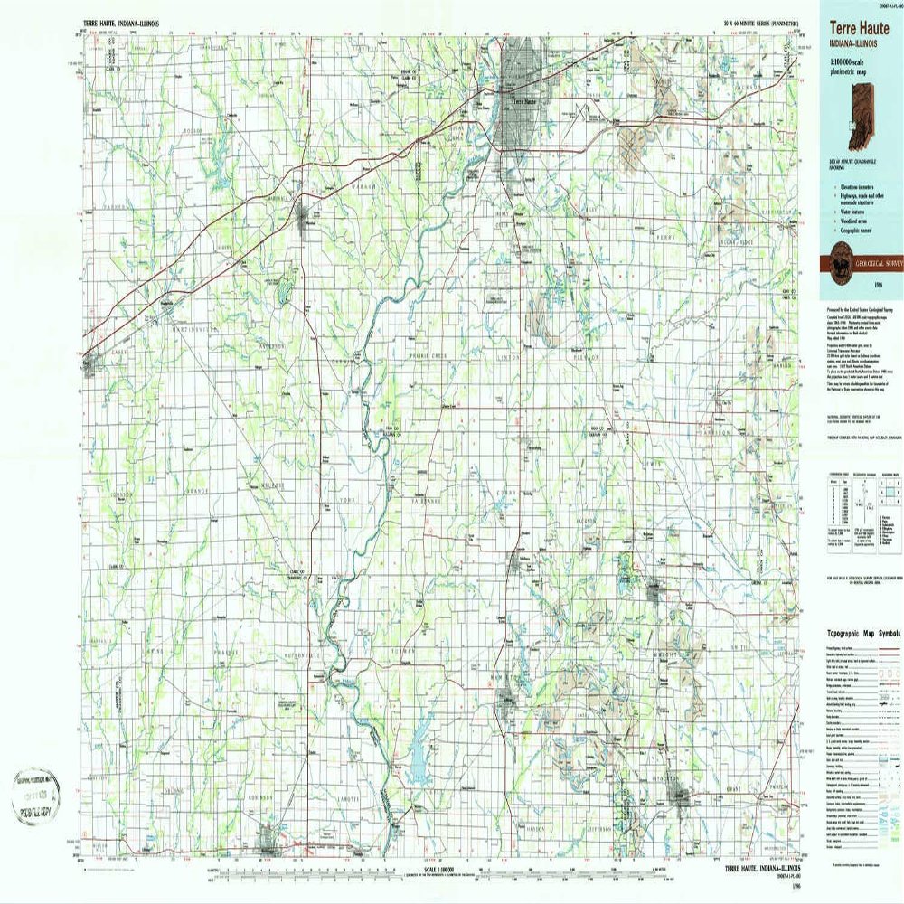 YellowMaps Terre Haute in topo map, 1:100000 Scale, 30 X 60 Minute, Historical, 1986, Updated 1986, 24.1 x 43 in - Polypropylene