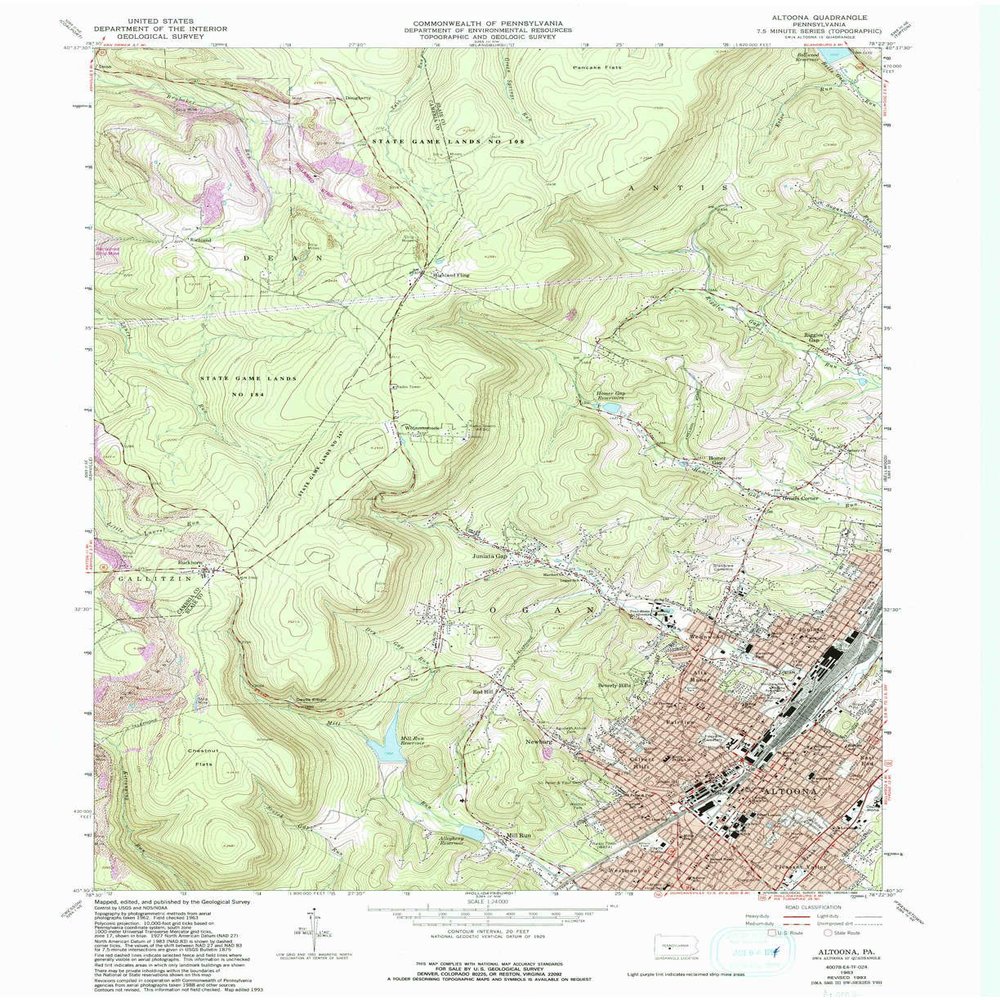 YellowMaps Altoona PA topo map, 1:24000 Scale, 7.5 X 7.5 Minute, Historical, 1963, Updated 1993, 27 x 22 in - Polypropylene