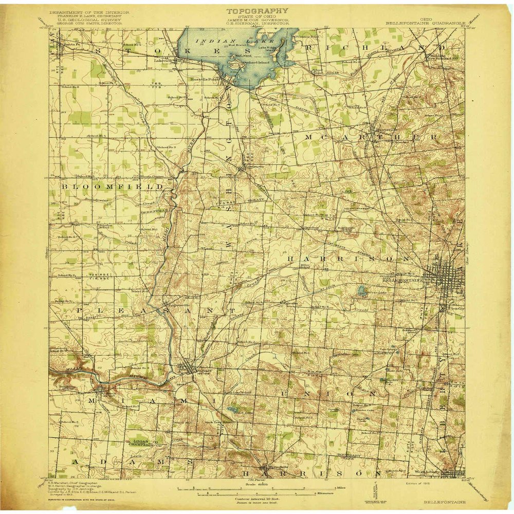 Bellefontaine OH topo map, 1:62500 Scale, 15 X 15 Minute, Historical, 1915, 19.9 x 16.5 in - Polypropylene
