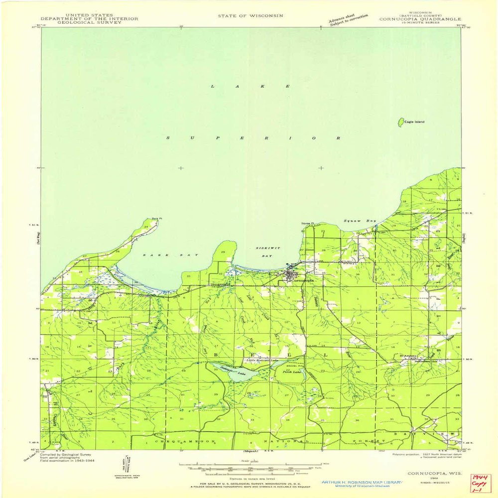 YellowMaps Cornucopia WI topo map, 1:48000 Scale, 15 X 15 Minute, Historical, 1944, Updated 1952, 27.1 x 18.8 in - Tyvek