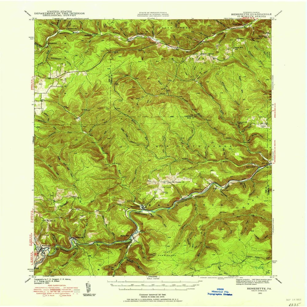 YellowMaps Benezette PA topo map, 1:62500 Scale, 15 X 15 Minute, Historical, 1941, Updated 1955, 20.9 x 17 in - Polypropylene