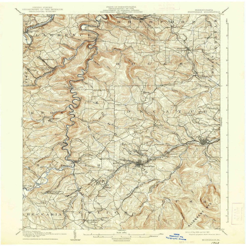 YellowMaps Houtzdale PA topo map, 1:62500 Scale, 15 X 15 Minute, Historical, 1905, Updated 1937, 20 x 16.5 in - Tyvek