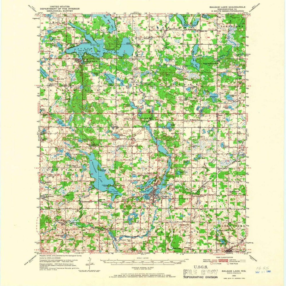 YellowMaps Balsam Lake WI topo map, 1:62500 Scale, 15 X 15 Minute, Historical, 1950, Updated 1966, 21.2 x 17.4 in - Polypropylene