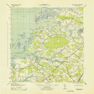 YellowMaps Pungoteague VA topo map, 1:31680 Scale, 7.5 X 7.5 Minute, Historical, 1943, 21.8 x 17.8 in - Polypropylene