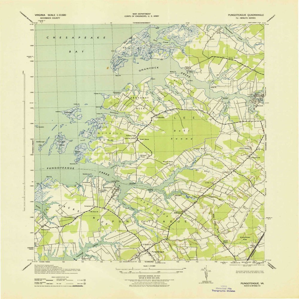YellowMaps Pungoteague VA topo map, 1:31680 Scale, 7.5 X 7.5 Minute, Historical, 1943, 21.8 x 17.8 in - Polypropylene