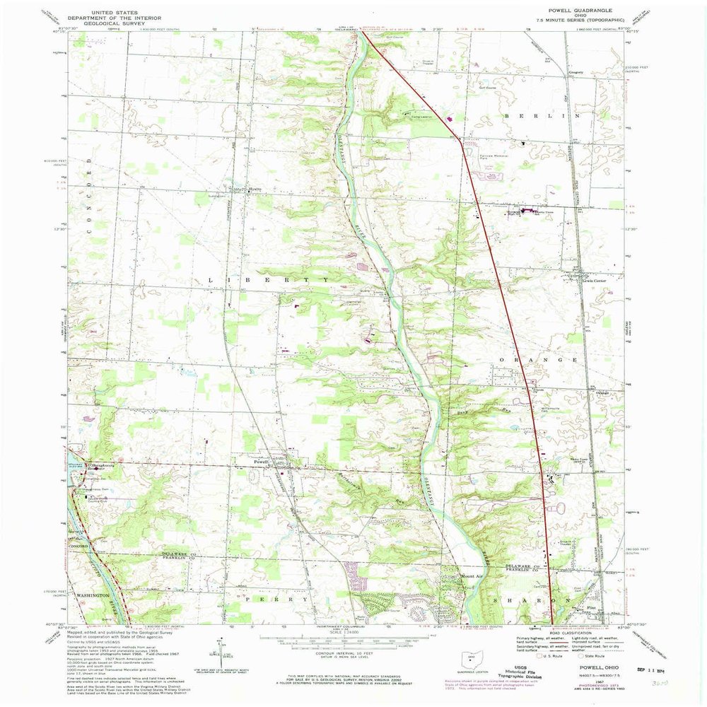 Powell OH topo map, 1:24000 Scale, 7.5 X 7.5 Minute, Historical, 1967, Updated 1974, 27 x 22.1 in - Polypropylene