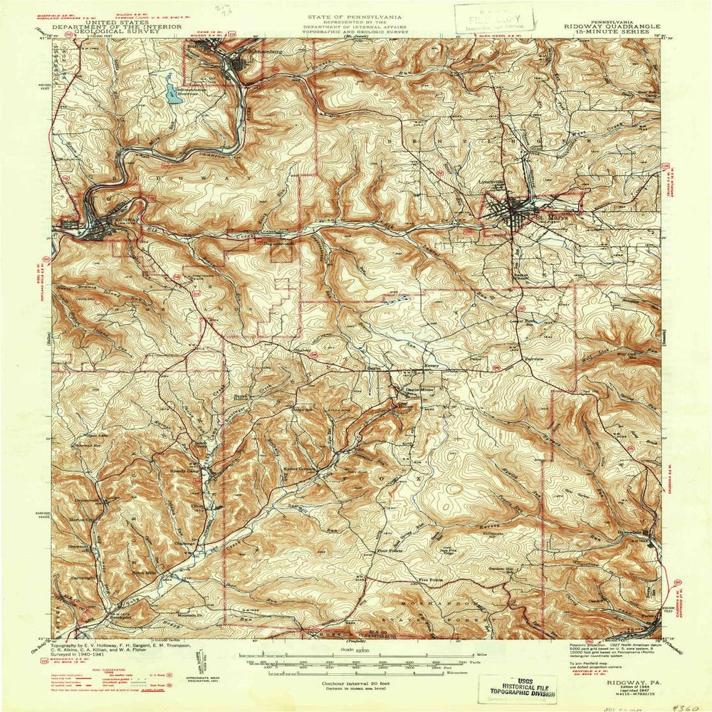 YellowMaps Ridgway PA topo map, 1:62500 Scale, 15 X 15 Minute, Historical, 1944, Updated 1947, 20.7 x 15.4 in - Polypropylene