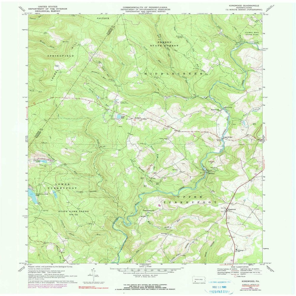 YellowMaps Kingwood PA topo map, 1:24000 Scale, 7.5 X 7.5 Minute, Historical, 1967, Updated 1990, 27 x 22.1 in - Tyvek