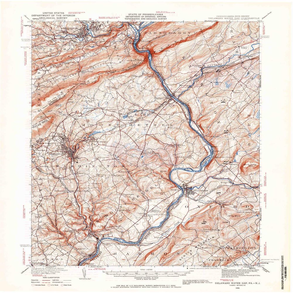 YellowMaps Delaware Water Gap PA topo map, 1:62500 Scale, 15 X 15 Minute, Historical, 1936, Updated 1966, 20.9 x 17 in - Polypropylene