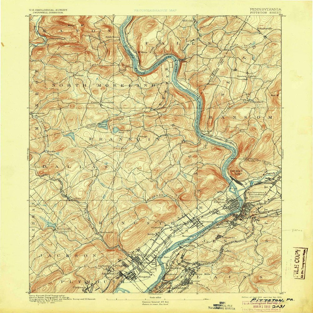 YellowMaps Pittston PA topo map, 1:62500 Scale, 15 X 15 Minute, Historical, 1893, Updated 1905, 19.9 x 16.5 in - Tyvek
