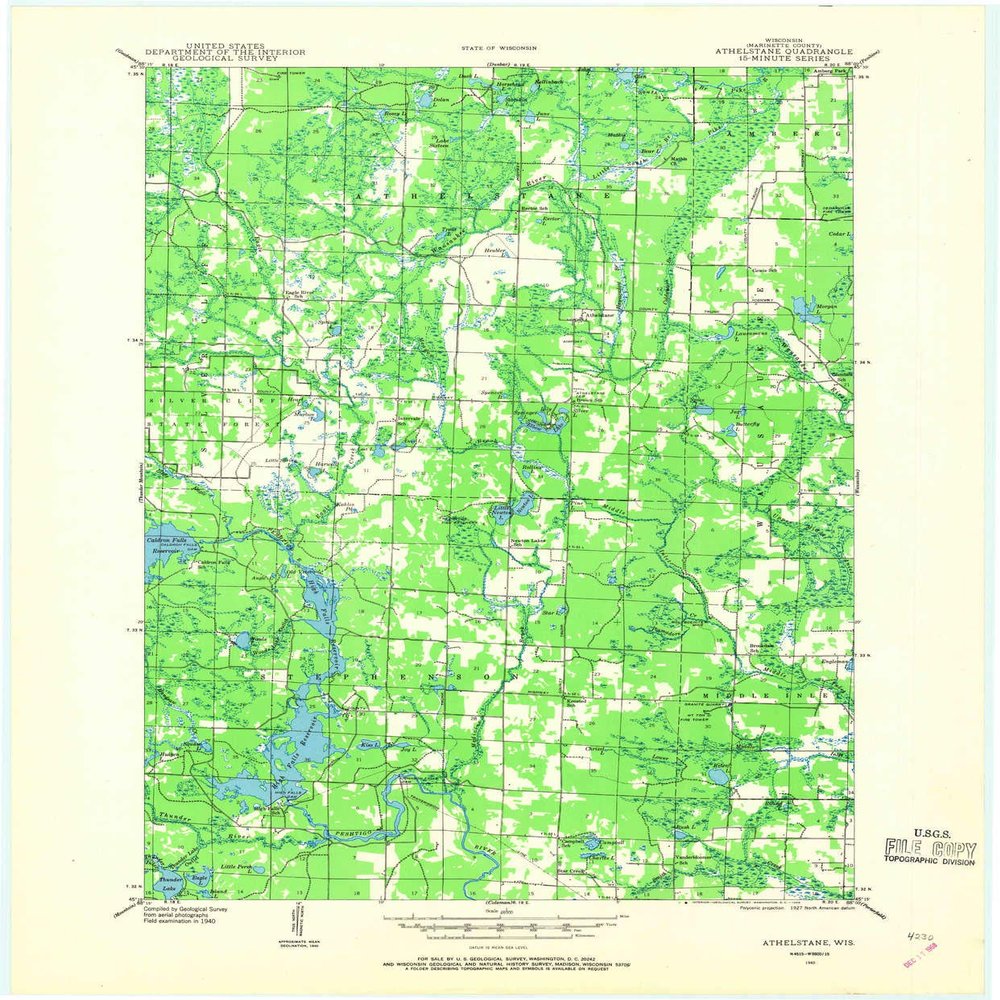 YellowMaps Athelstane WI topo map, 1:48000 Scale, 15 X 15 Minute, Historical, 1940, Updated 1969, 27.2 x 22.5 in - Polypropylene