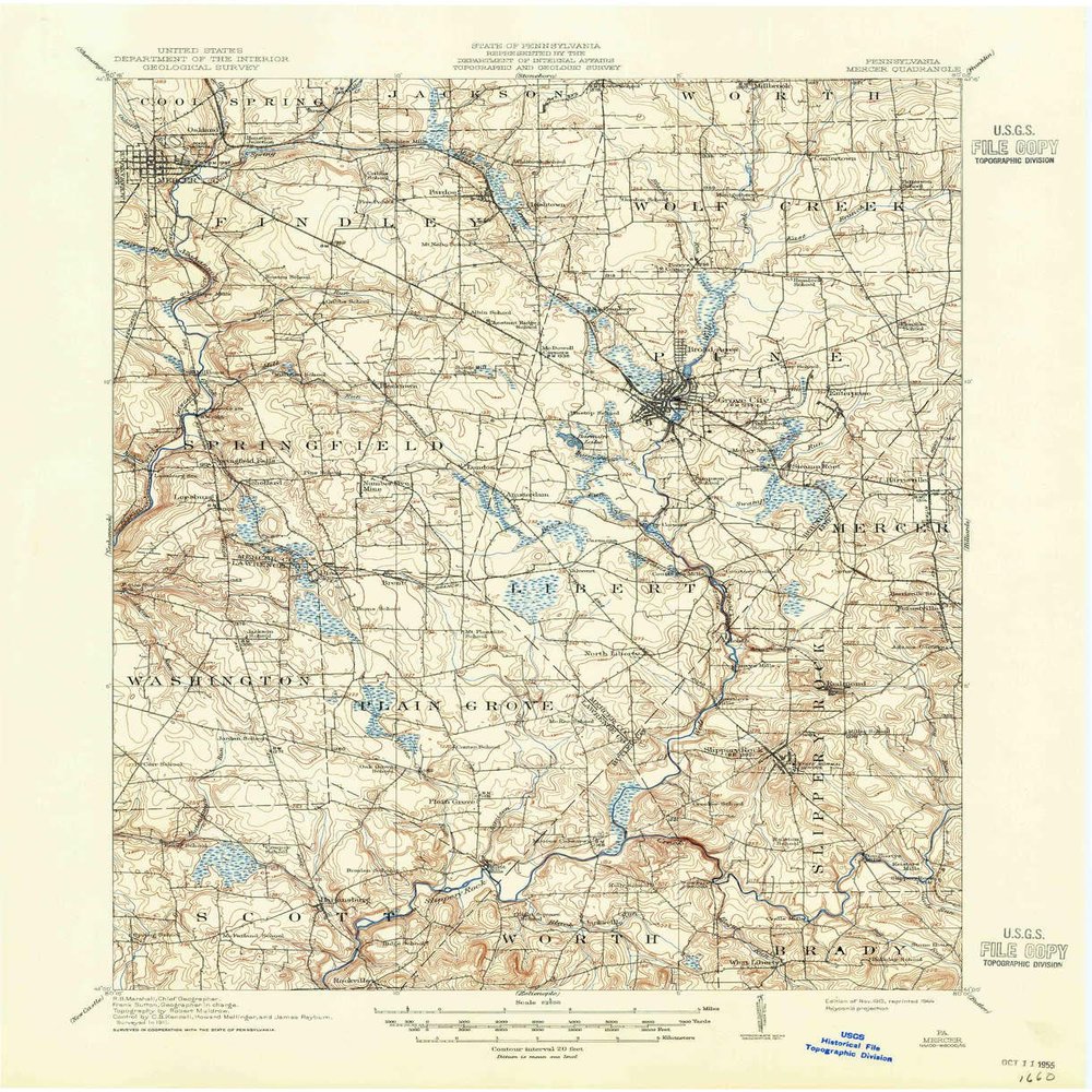 YellowMaps Mercer PA topo map, 1:62500 Scale, 15 X 15 Minute, Historical, 1913, Updated 1944, 20.9 x 17 in - Polypropylene