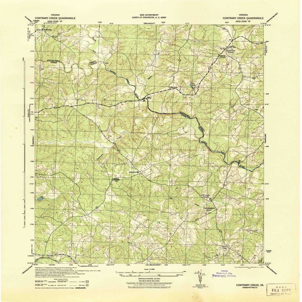 YellowMaps Contrary Creek VA topo map, 1:31680 Scale, 7.5 X 7.5 Minute, Historical, 1942, 21.8 x 17.9 in - Polypropylene
