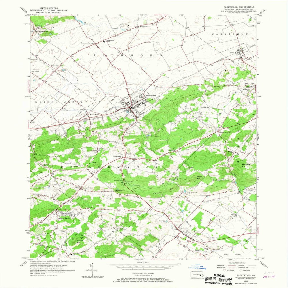 YellowMaps Fleetwood PA topo map, 1:24000 Scale, 7.5 X 7.5 Minute, Historical, 1956, Updated 1967, 27 x 22.1 in - Polypropylene