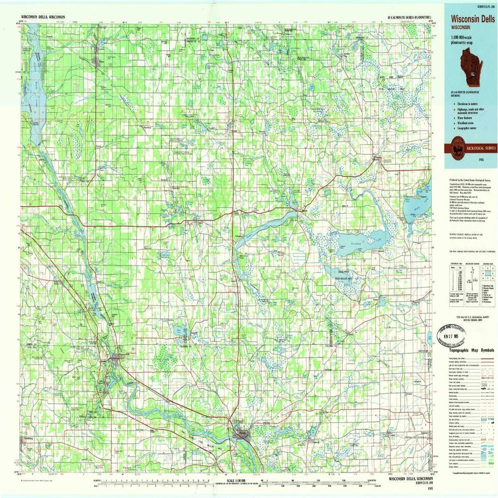 Wisconsin Dells WI topo map, 1:100000 Scale, 30 X 60 Minute, Historical, 1985, Updated 1985, 24.3 x 40.4 in - Tyvek