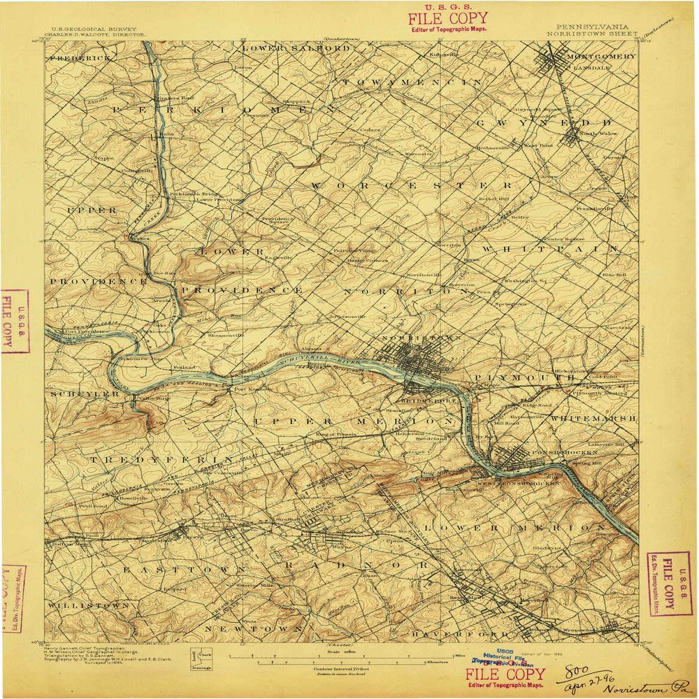 YellowMaps Norristown PA topo map, 1:62500 Scale, 15 X 15 Minute, Historical, 1896, 20.3 x 15.8 in - Tyvek