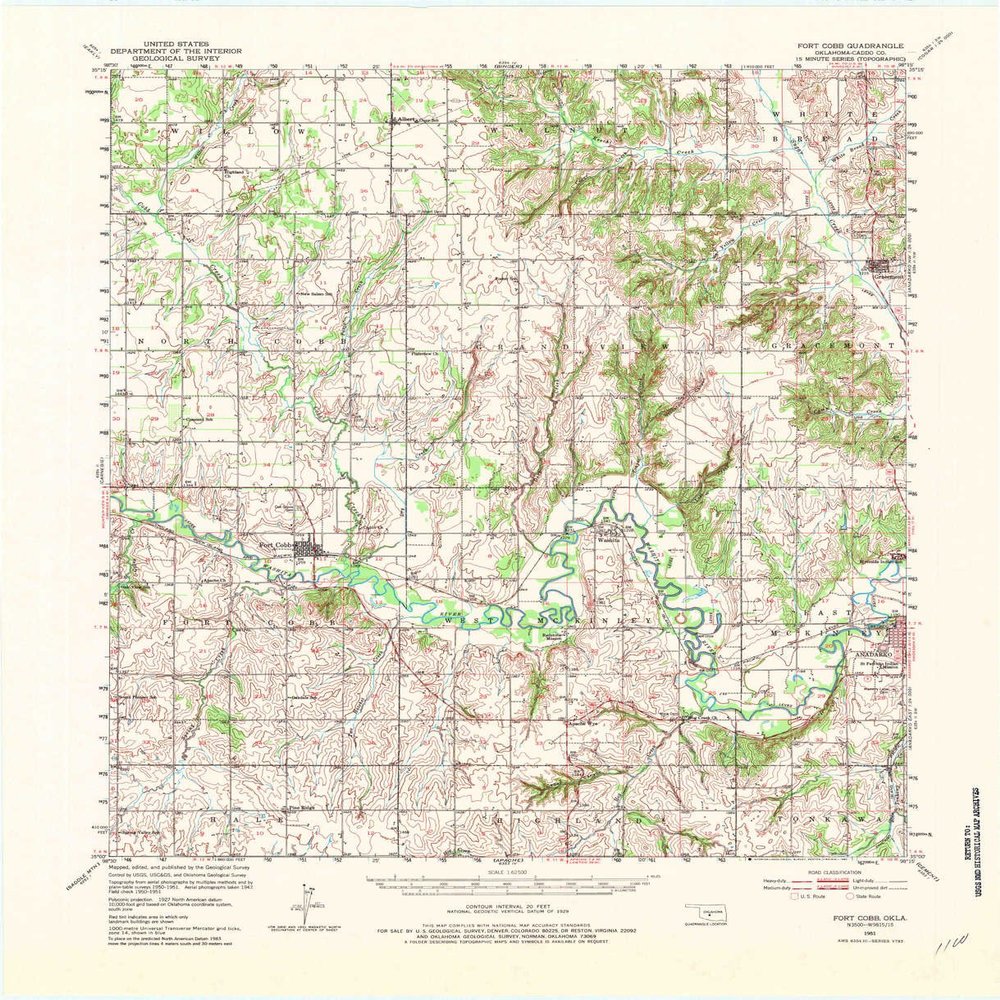YellowMaps Fort Cobb OK topo map, 1:62500 Scale, 15 X 15 Minute, Historical, 1951, Updated 1983, 22.2 x 18 in - Polypropylene