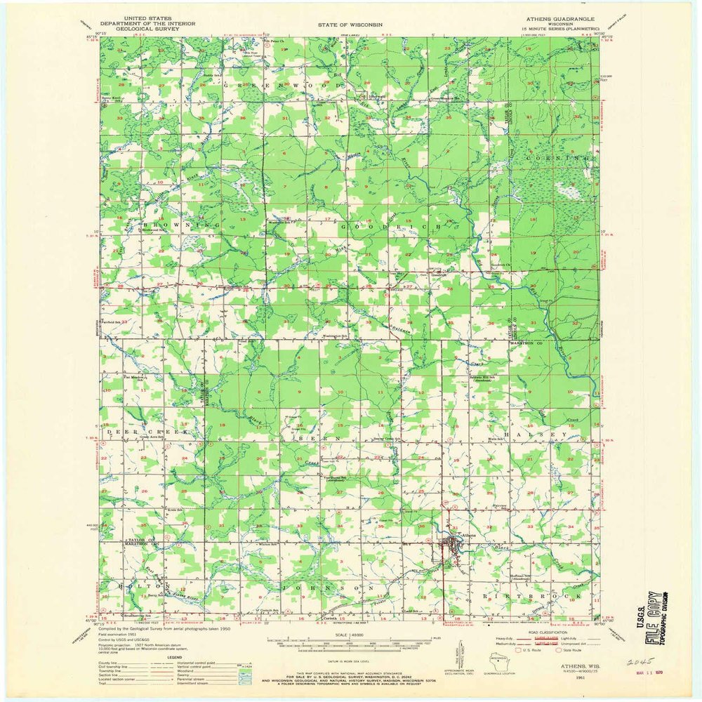 YellowMaps Athens WI topo map, 1:48000 Scale, 15 X 15 Minute, Historical, 1951, Updated 1970, 27.3 x 22.5 in - Tyvek