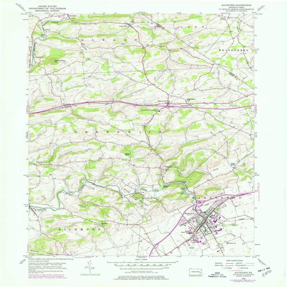 YellowMaps Kutztown PA topo map, 1:24000 Scale, 7.5 X 7.5 Minute, Historical, 1956, Updated 1977, 26.9 x 22.1 in - Polypropylene