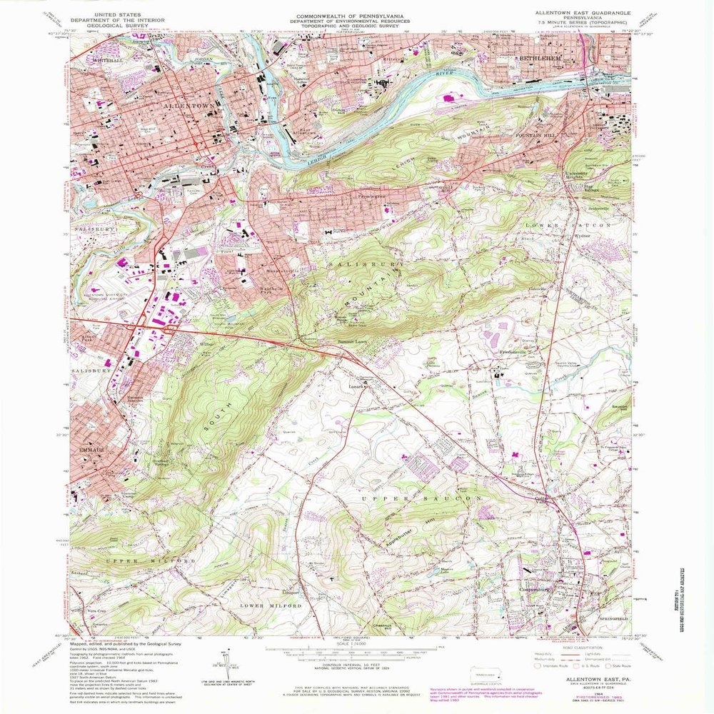 YellowMaps Allentown East PA topo map, 1:24000 Scale, 7.5 X 7.5 Minute, Historical, 1964, Updated 1984, 27 x 22 in - Tyvek