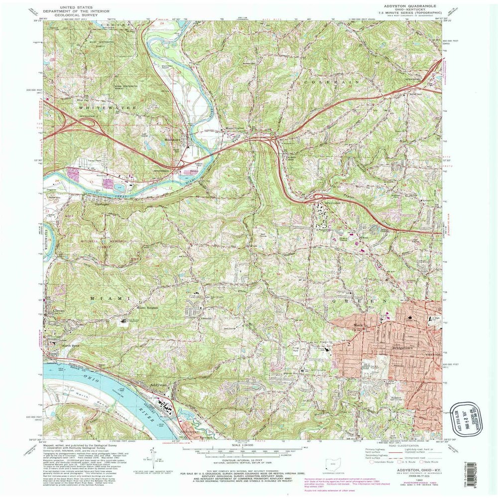 YellowMaps Addyston OH topo map, 1:24000 Scale, 7.5 X 7.5 Minute, Historical, 1982, Updated 1987, 27 x 22.1 in - Polypropylene