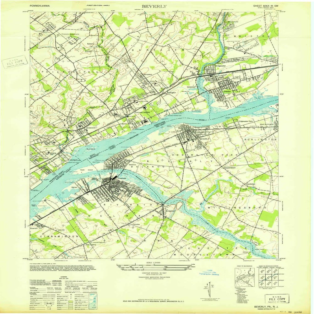 YellowMaps Beverly NJ topo map, 1:24000 Scale, 7.5 X 7.5 Minute, Historical, 1947, 28.8 x 22 in - Polypropylene