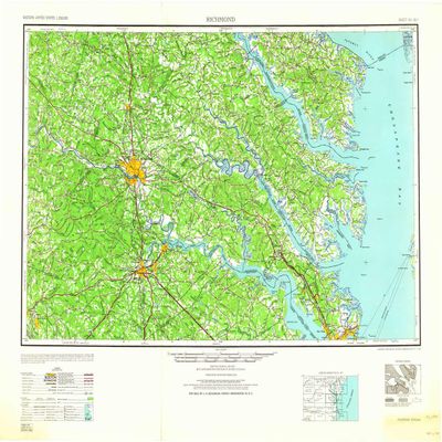 YellowMaps Richmond VA topo map, 1:250000 Scale, 1 X 2 Degree, Historical, 1964, 25.1 x 32.1 in - Polypropylene