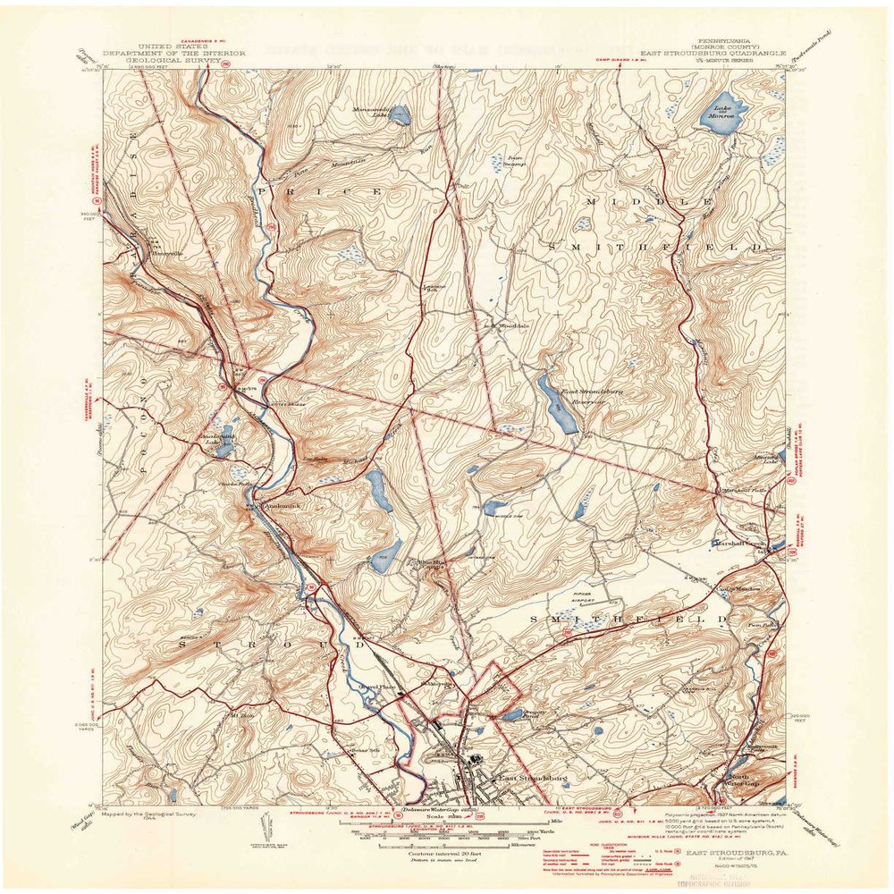 YellowMaps East Stroudsburg PA topo map, 1:31680 Scale, 7.5 X 7.5 Minute, Historical, 1947, 20.9 x 17 in - Polypropylene