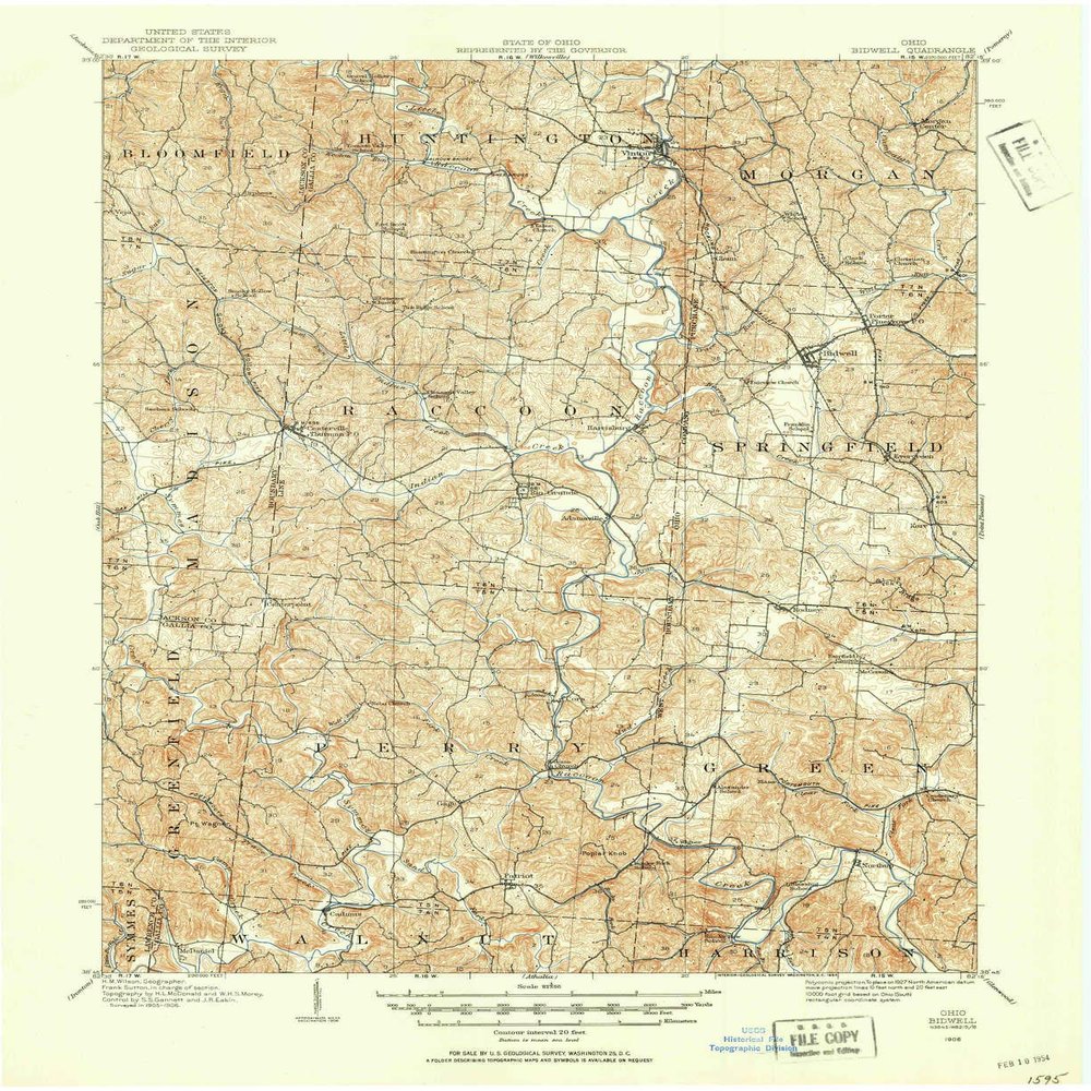 YellowMaps Bidwell OH topo map, 1:62500 Scale, 15 X 15 Minute, Historical, 1906, Updated 1954, 20.9 x 17 in - Polypropylene