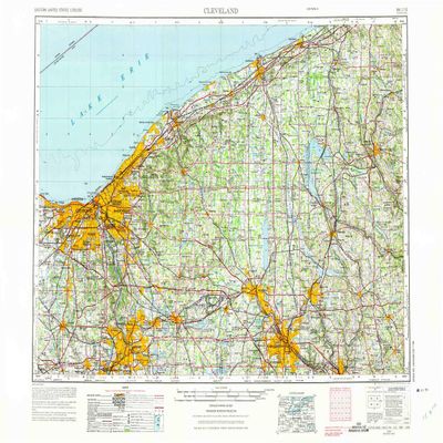 YellowMaps Cleveland OH topo map, 1:250000 Scale, 1 X 2 Degree, Historical, 1956, Updated 1975, 22.2 x 32.2 in - Polypropylene