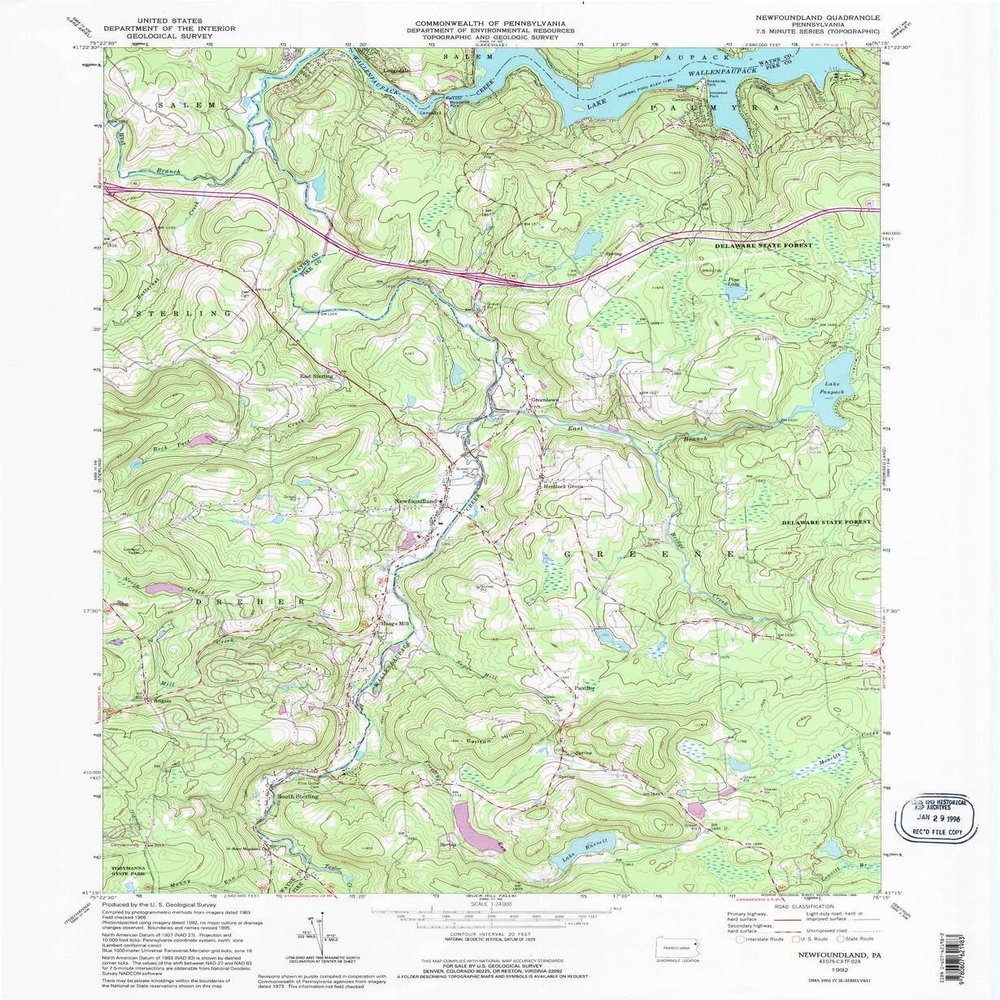 YellowMaps Newfoundland PA topo map, 1:24000 Scale, 7.5 X 7.5 Minute, Historical, 1992, Updated 1995, 26.7 x 21.9 in - Polypropylene