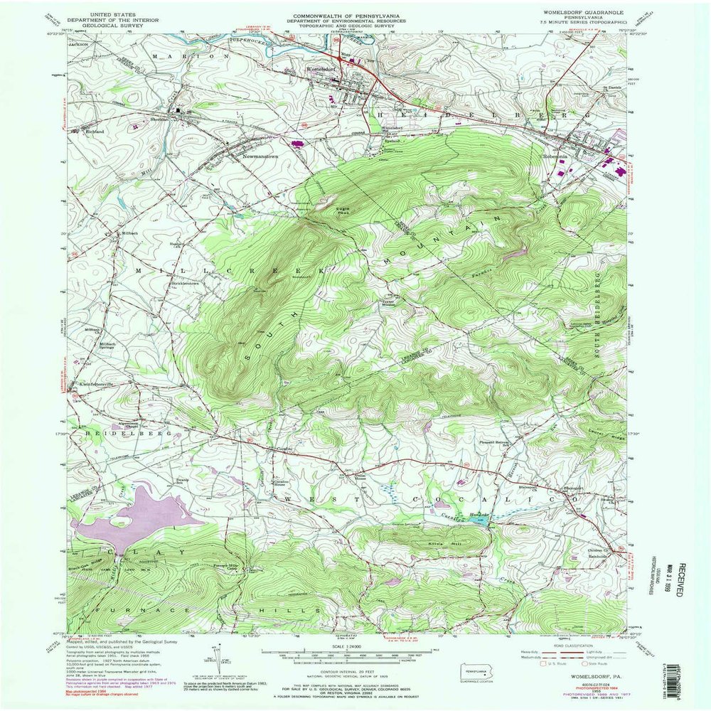 YellowMaps Womelsdorf PA topo map, 1:24000 Scale, 7.5 X 7.5 Minute, Historical, 1955, Updated 1989, 26.9 x 22.1 in - Polypropylene
