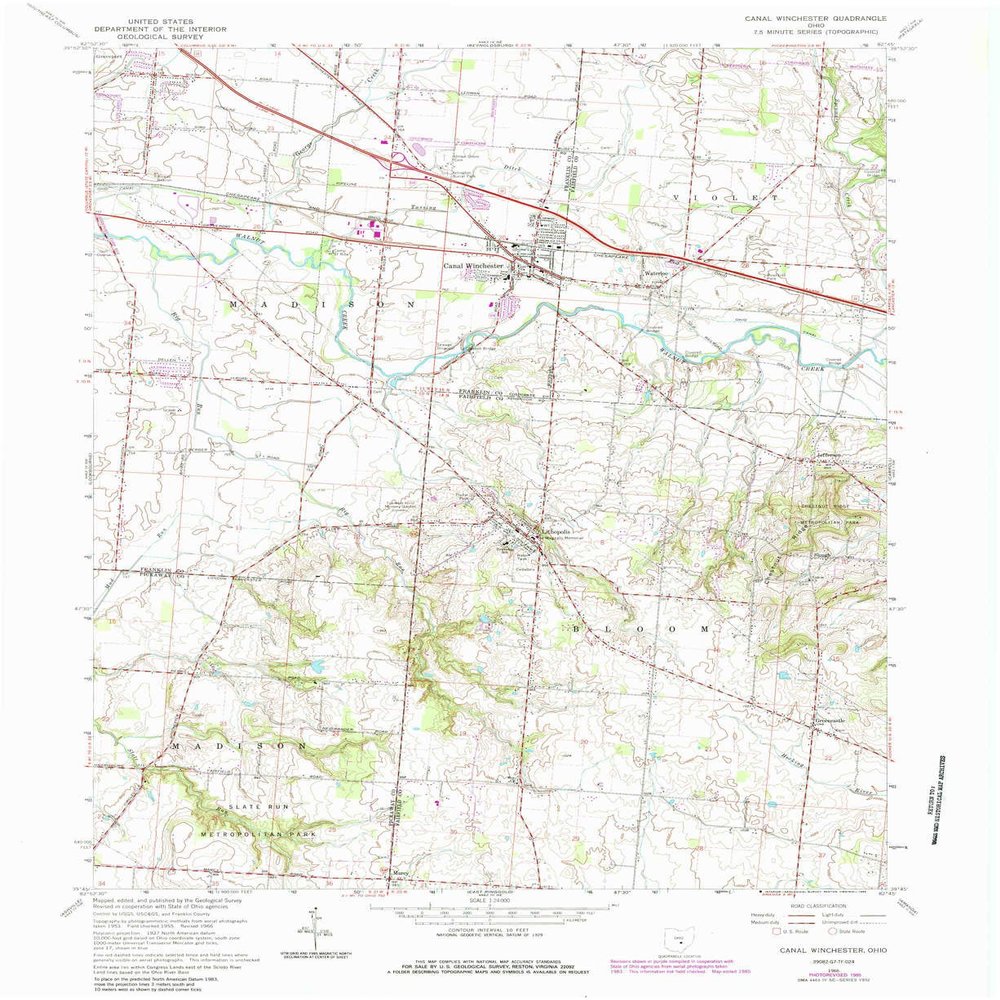 YellowMaps Canal Winchester OH topo map, 1:24000 Scale, 7.5 X 7.5 Minute, Historical, 1966, Updated 1985, 27 x 22 in - Polypropylene