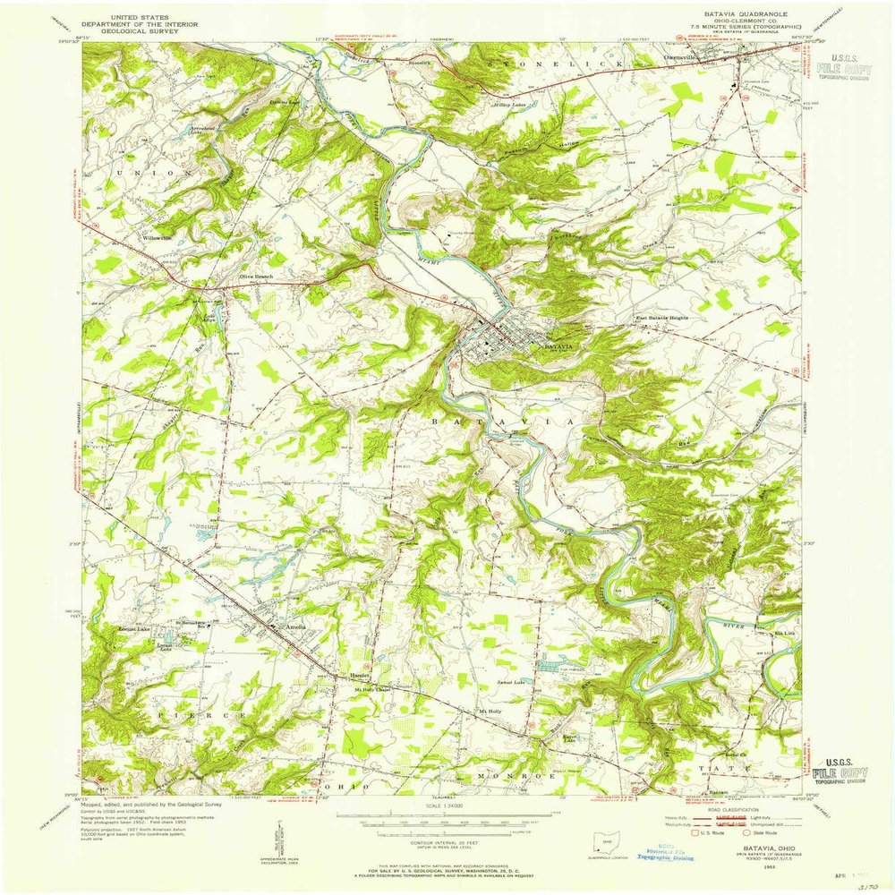YellowMaps Batavia OH topo map, 1:24000 Scale, 7.5 X 7.5 Minute, Historical, 1953, Updated 1955, 27 x 22 in - Polypropylene