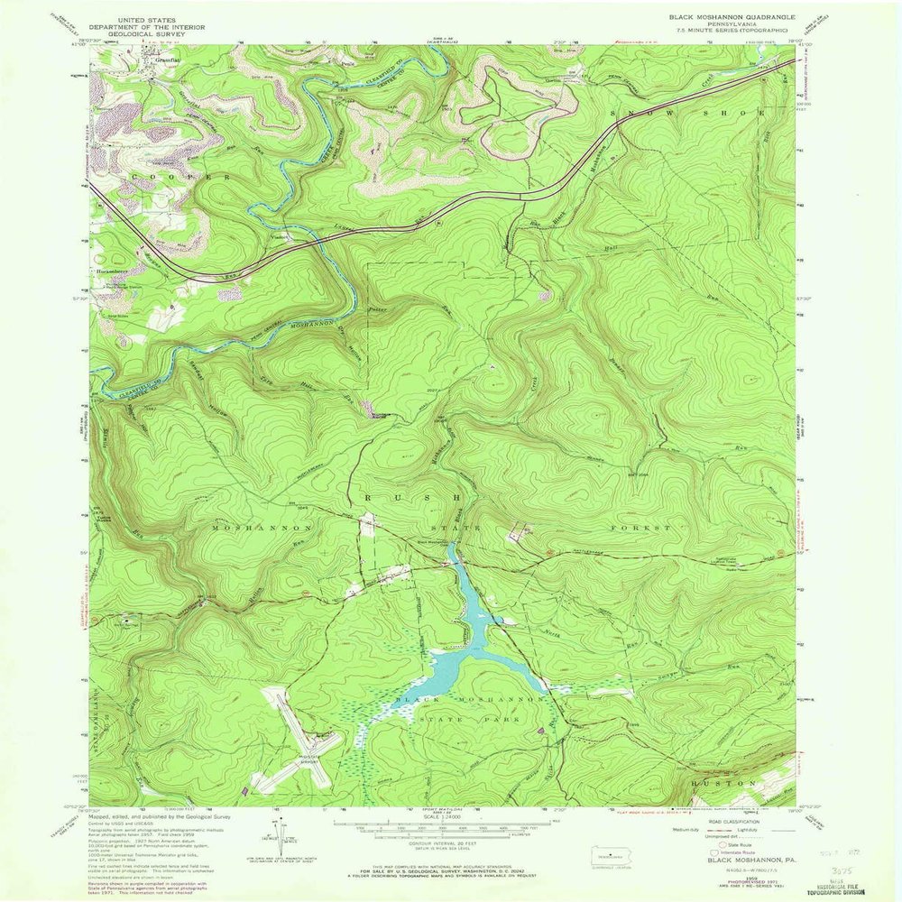 YellowMaps Black Moshannon PA topo map, 1:24000 Scale, 7.5 X 7.5 Minute, Historical, 1959, Updated 1972, 26.9 x 22.1 in - Polypropylene