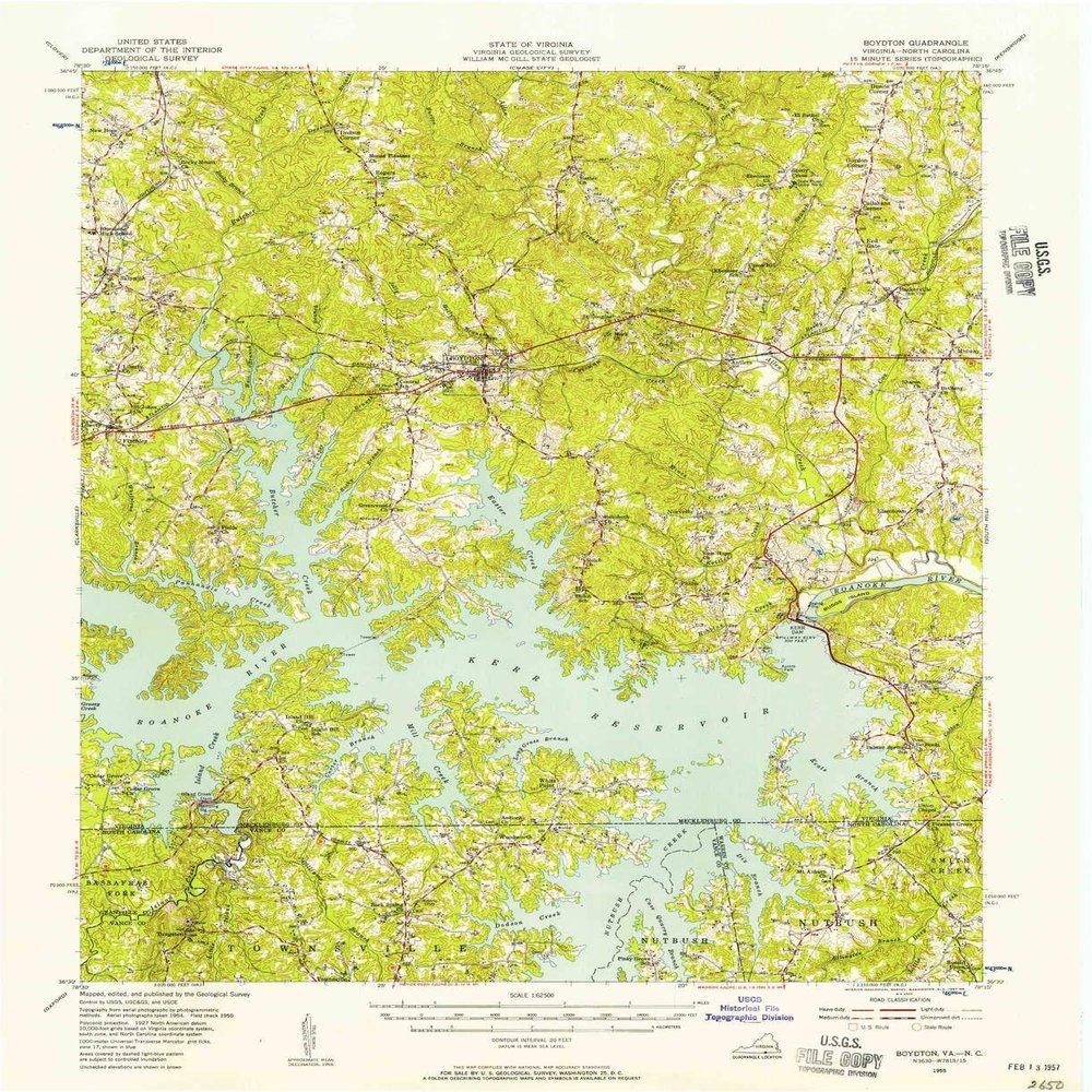YellowMaps Boydton VA topo map, 1:62500 Scale, 15 X 15 Minute, Historical, 1955, Updated 1957, 20.9 x 17.1 in - Tyvek