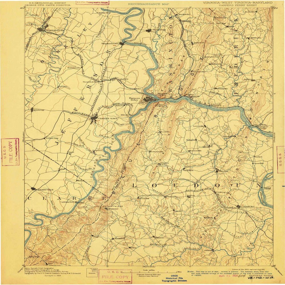 YellowMaps Harpers Ferry VA topo map, 1:125000 Scale, 30 X 30 Minute, Historical, 1893, Updated 1910, 19.3 x 15.6 in - Tyvek