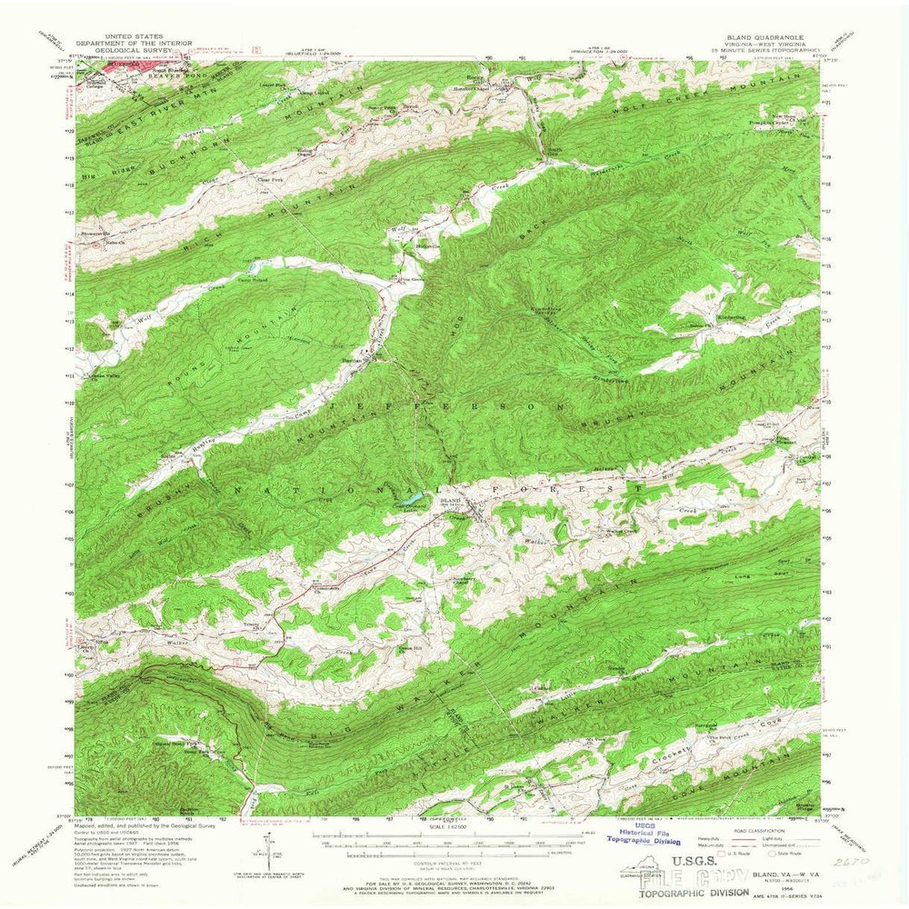 YellowMaps Bland VA topo map, 1:62500 Scale, 15 X 15 Minute, Historical, 1956, Updated 1967, 21 x 17.1 in - Polypropylene