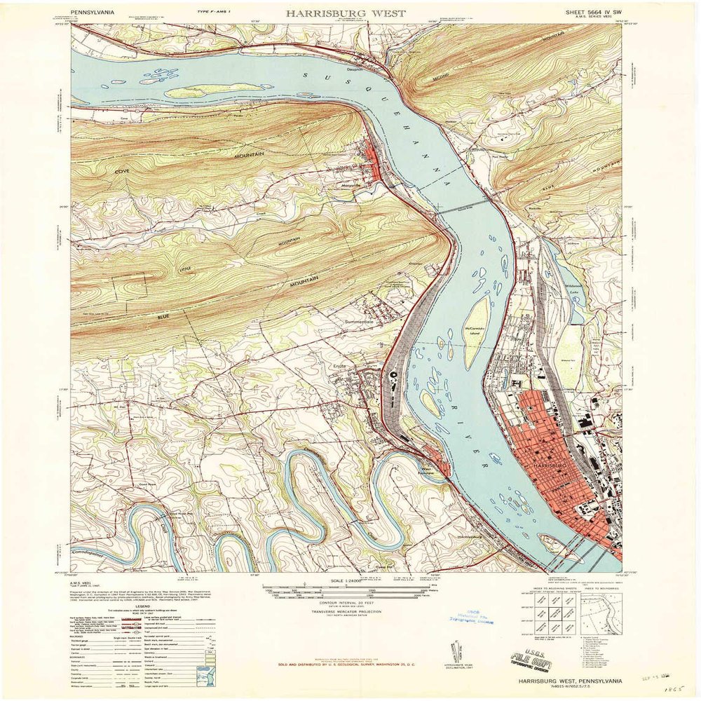 YellowMaps Harrisburg West PA topo map, 1:24000 Scale, 7.5 X 7.5 Minute, Historical, 1947, Updated 1947, 29 x 22.1 in - Tyvek