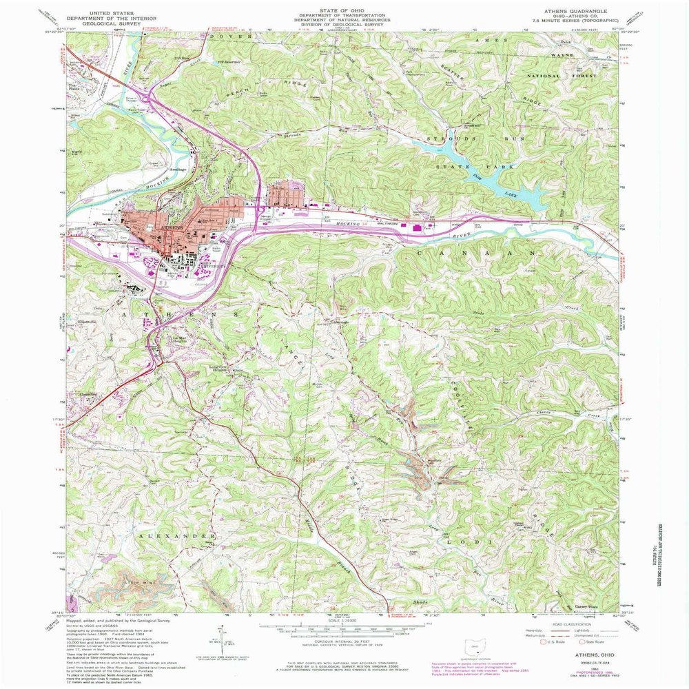 YellowMaps Athens OH topo map, 1:24000 Scale, 7.5 X 7.5 Minute, Historical, 1961, Updated 1985, 26.9 x 22 in - Tyvek