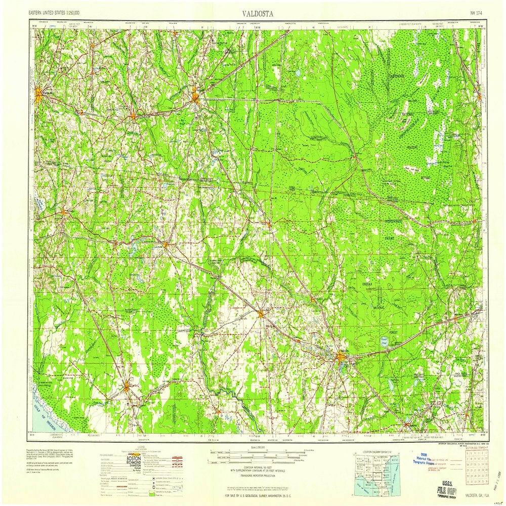 Valdosta GA topo map, 1:250000 Scale, 1 X 2 Degree, Historical, 1959, 21.9 x 34.1 in - Polypropylene