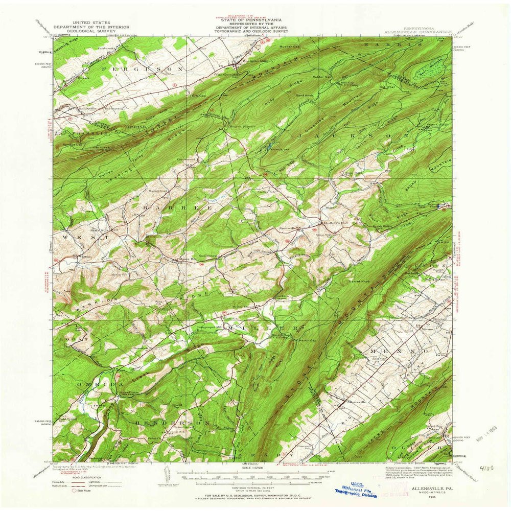 YellowMaps Allensville PA topo map, 1:62500 Scale, 15 X 15 Minute, Historical, 1935, Updated 1963, 21 x 17 in - Polypropylene