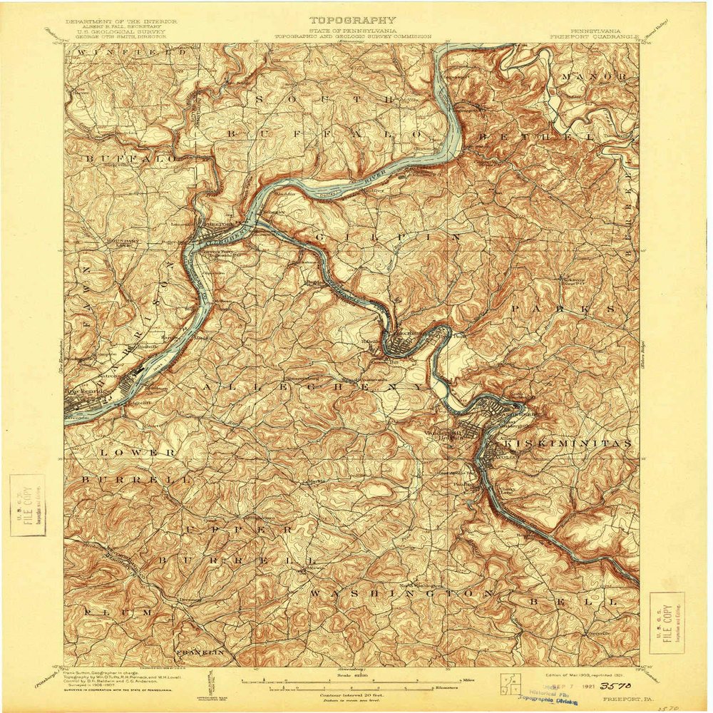 YellowMaps Freeport PA topo map, 1:62500 Scale, 15 X 15 Minute, Historical, 1909, Updated 1921, 19.9 x 16.5 in - Polypropylene