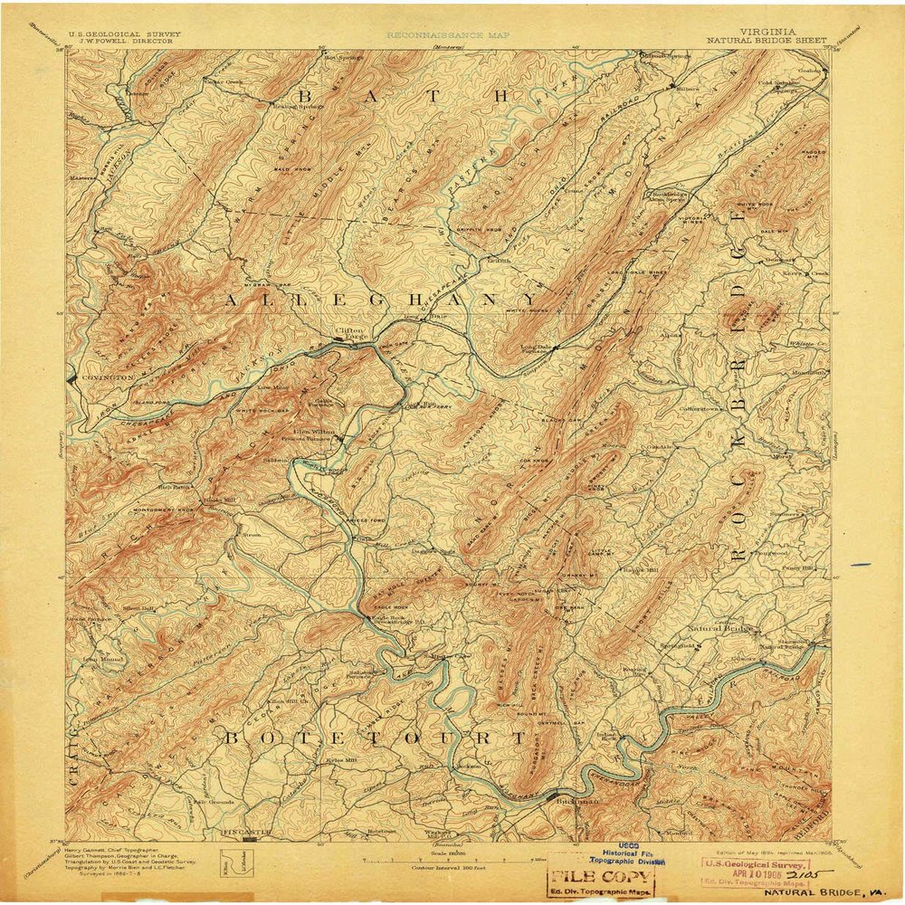 YellowMaps Natural Bridge VA topo map, 1:125000 Scale, 30 X 30 Minute, Historical, 1894, Updated 1905, 19.9 x 16.4 in - Tyvek