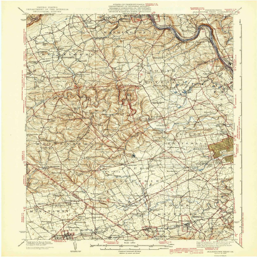 YellowMaps Allentown West PA topo map, 1:62500 Scale, 15 X 15 Minute, Historical, 1942, Updated 1942, 19.9 x 16.5 in - Polypropylene