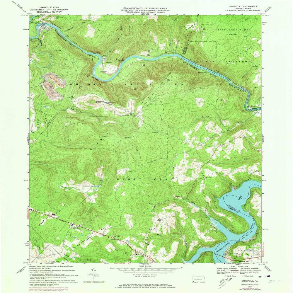 YellowMaps Ohiopyle PA topo map, 1:24000 Scale, 7.5 X 7.5 Minute, Historical, 1967, Updated 1973, 26.9 x 22.1 in - Polypropylene