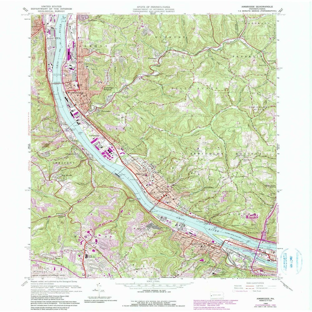 YellowMaps Ambridge PA topo map, 1:24000 Scale, 7.5 X 7.5 Minute, Historical, 1960, Updated 1990, 27 x 22.1 in - Polypropylene